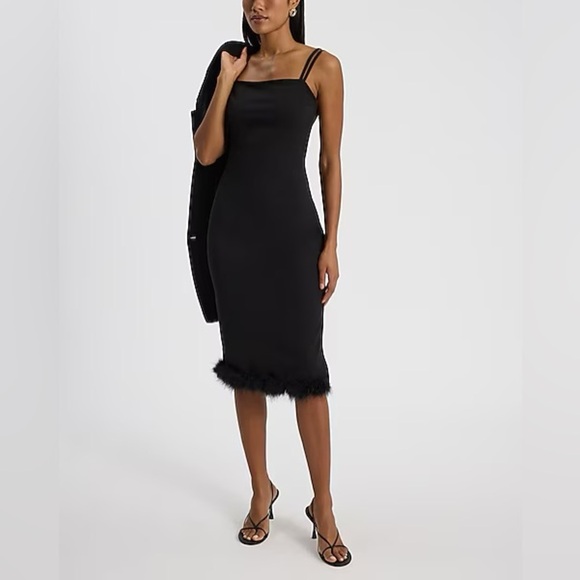 Express Dresses & Skirts - Sleeveless Double Strap Feather Hem Midi Sheath Dress